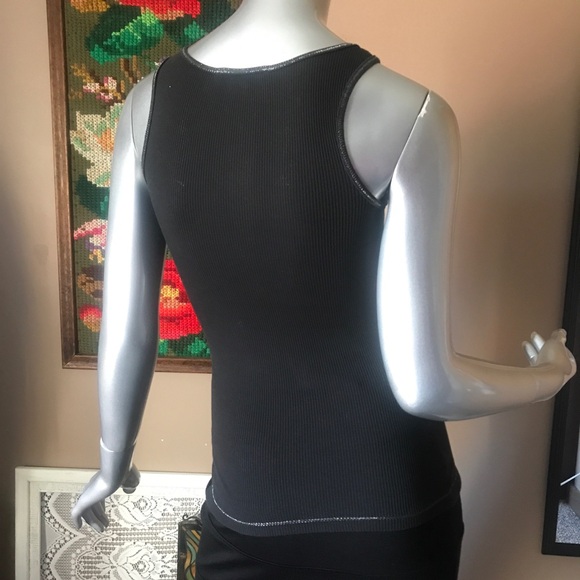 Express XS Scoop Neck Ribbed Fitted Tank Black Metallic Stitching Stretch - Picture 6 of 9